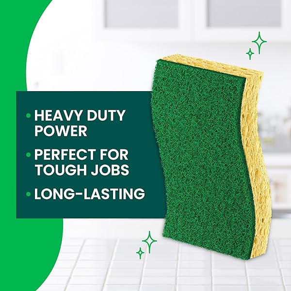 SCOTCH-BRITE HEAVY DUTY SCRUB SPONGE, 9 KITCHEN SPONGES DESIGNED FOR TOUGH MESSES IN THE KITCHEN THAT LAST 3X LONGER*, BEST FOR CAST IRON SKILLETS AND OUTDOOR GRILLS, FLEXIBLE, DURABLE, AND STRONG