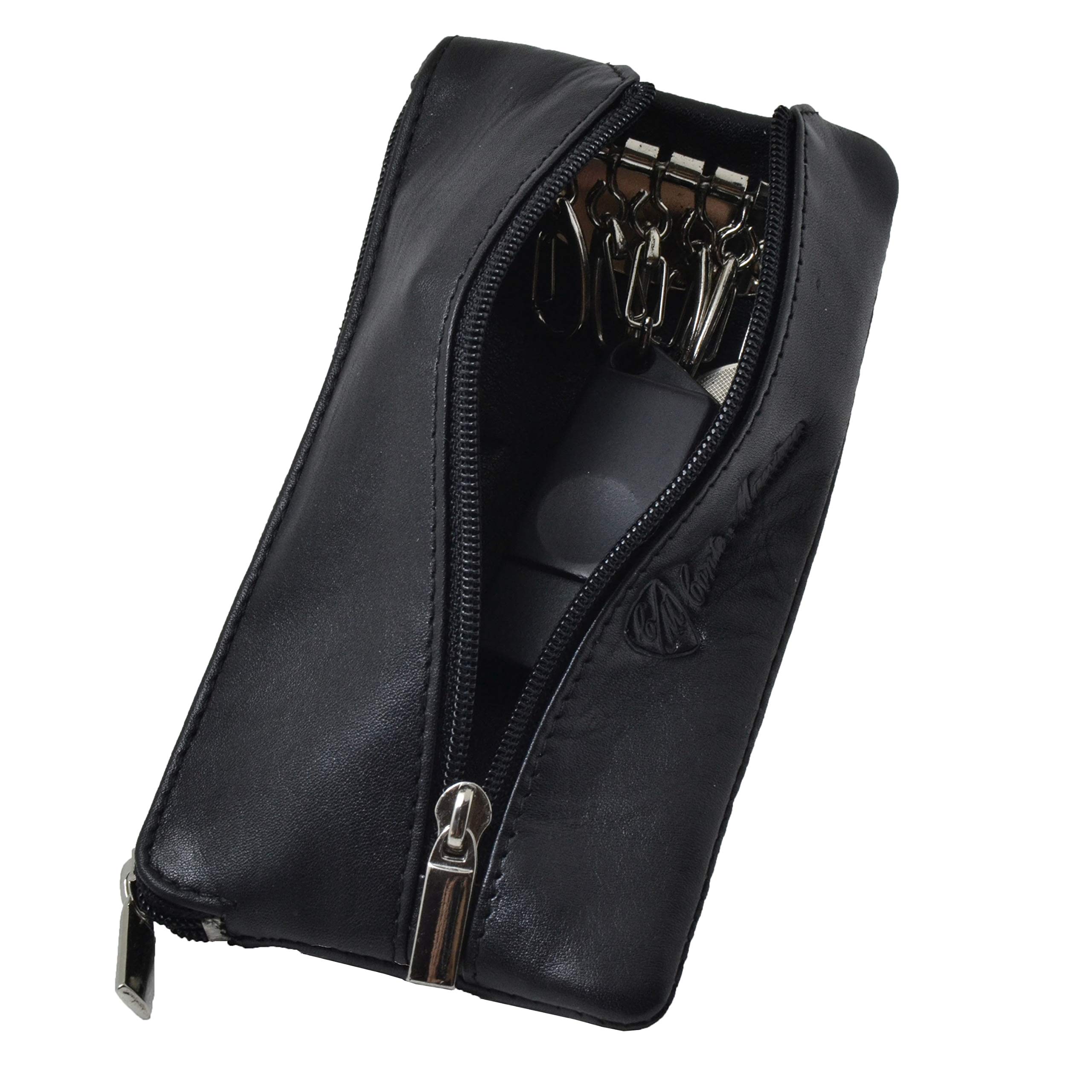 CM Conte Massimo Genuine Leather Key Case for Men and Women, Double Zipper Key Holder Wallet with 6 Hooks and Card Slot, Car Fob Pouch Organizer with Gift Box