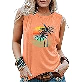 PECHAR Hawaiian Shirts for Women Palm Trees Beach Tank Tops Sunset Graphic Tees Summer Vacation Sleeveless Outfits