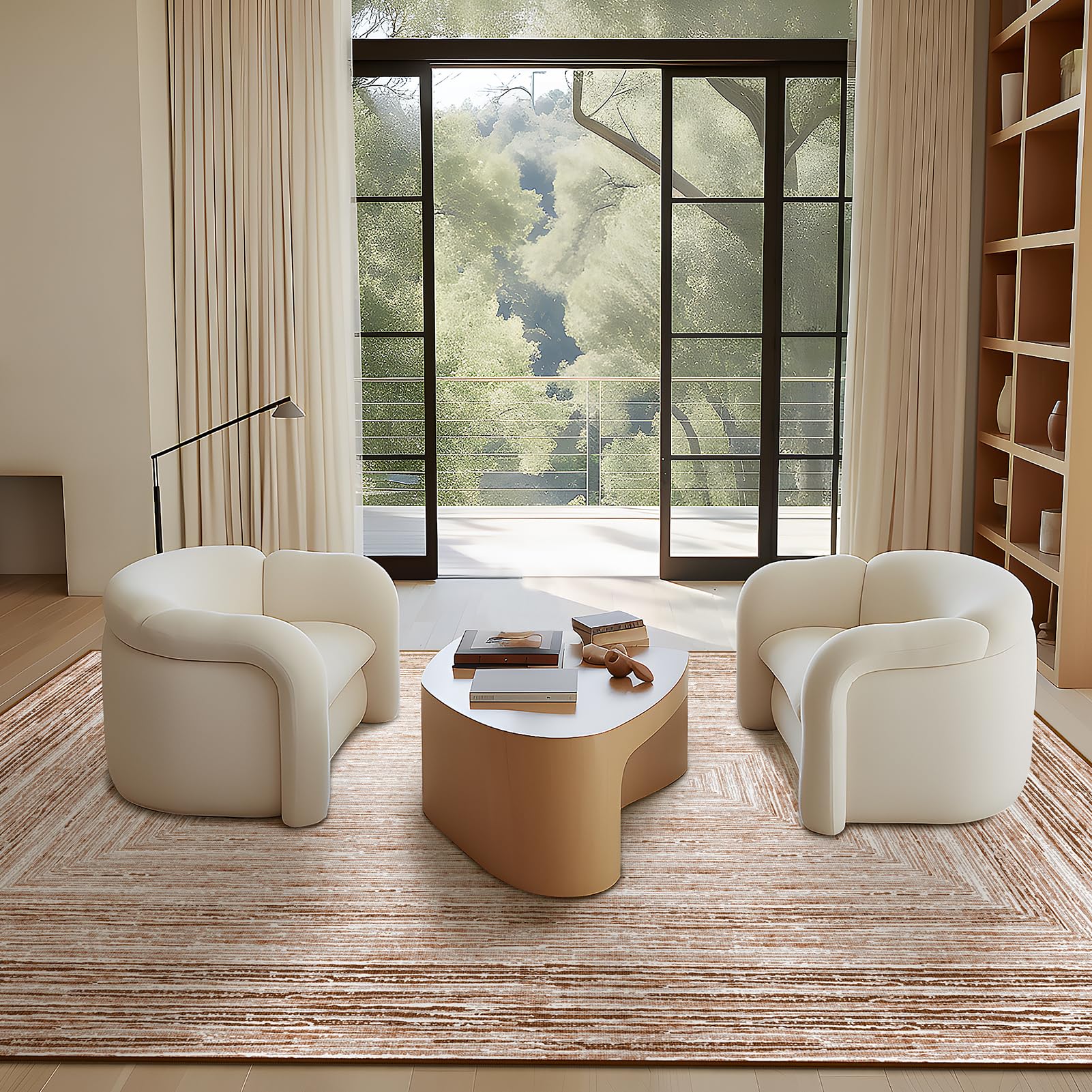 Photo 1 of Phantoscope Modern Area Rug 6'x9' – Distressed Beige and Terracotta Geometric Rectangle Pattern, Washable Non-Slip Rugs for Living Room, Bedroom, Dining Room, Low-Pile Floor Carpet, Neutral Beige/Rust