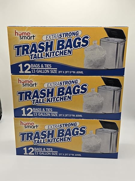 3X HOME SMART 13 GALLON WHITE EXTRA STRONG TRASH BAGS. 12 COUNT (3 BOXES)