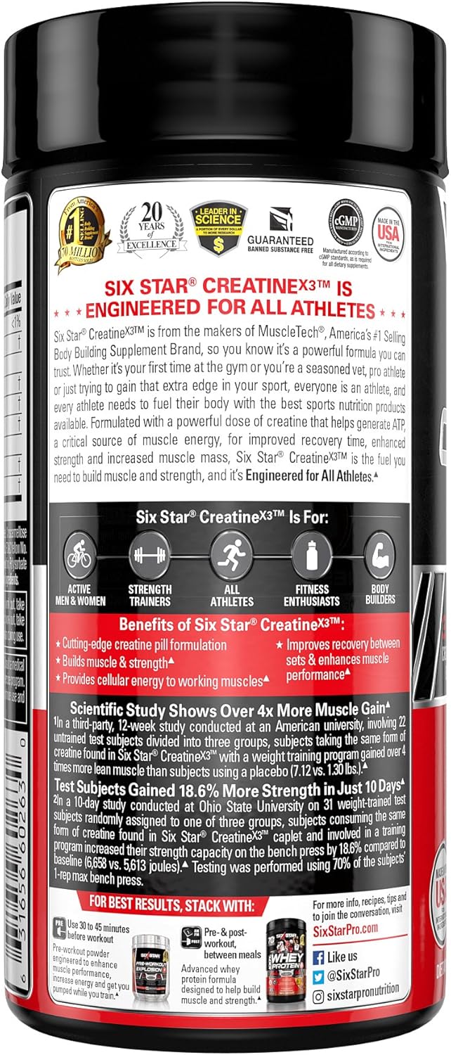 Creatine Pills - Mass Gainer | Six Star Elite | Creatine X3 Post Workout Recovery Pills | Creatine Monohydrate Blend | Muscle Recovery + Muscle Builder for Men & Women (60 Capsules): Health & Personal Care