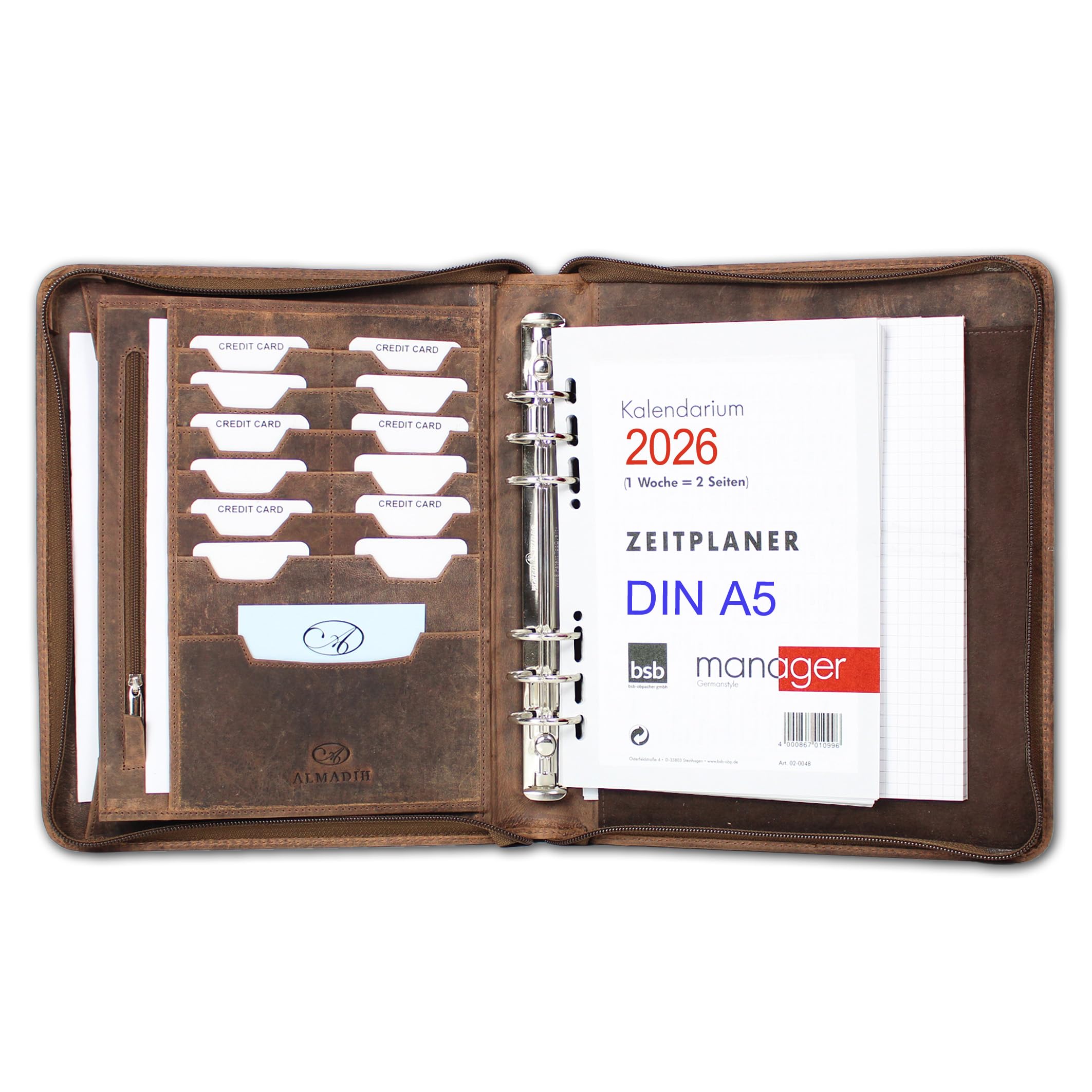 Almadih Cowhide Leather Portfolio Brown Vintage Leather Conference Folder Organiser Organizer Calendar Ring Binder Conference Folder Expanding A4 A5 A6 A7 Calendar 2017 2018 A5 Organizer BV