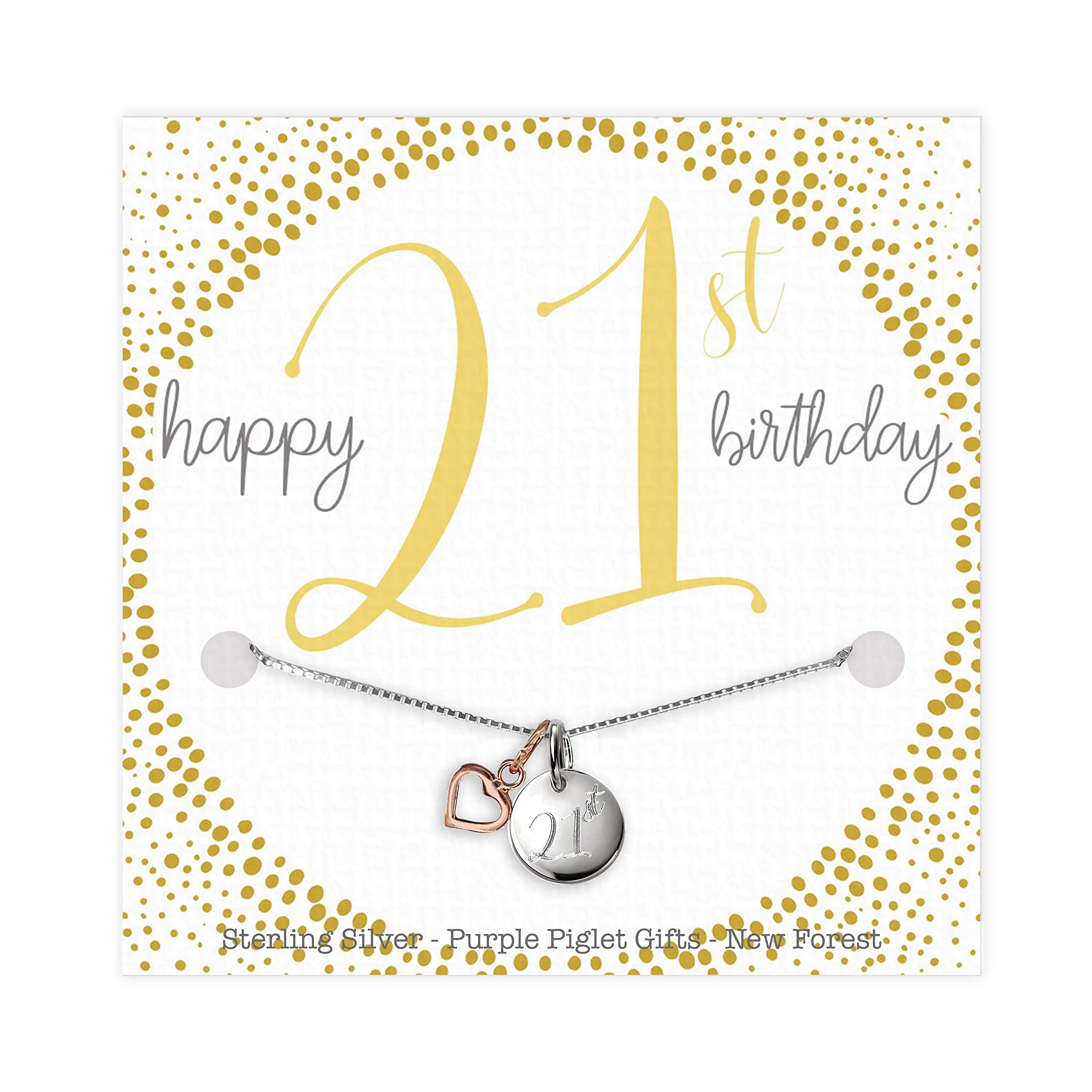 Purple Piglet Gifts 21st Birthday Gift For Young Woman - Personalised Sterling Silver Necklace Engraved Disk With Rose Gold Heart Pendant - Versatile Jewellery - Happy 21st Birthday - Gift Boxed