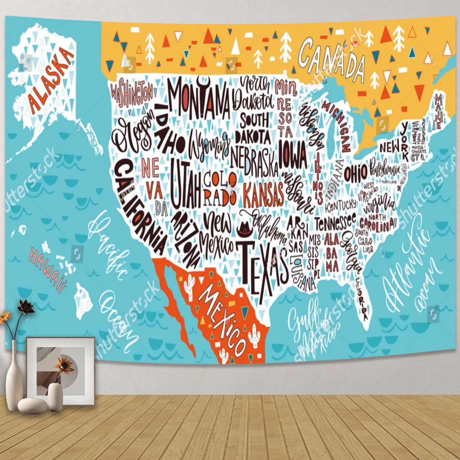 World Animals Map Tapestry 50x60 Inches - Educational Watercolor Wall Hanging For Kids Room, Nursery, Playroom, Classroom Decor
