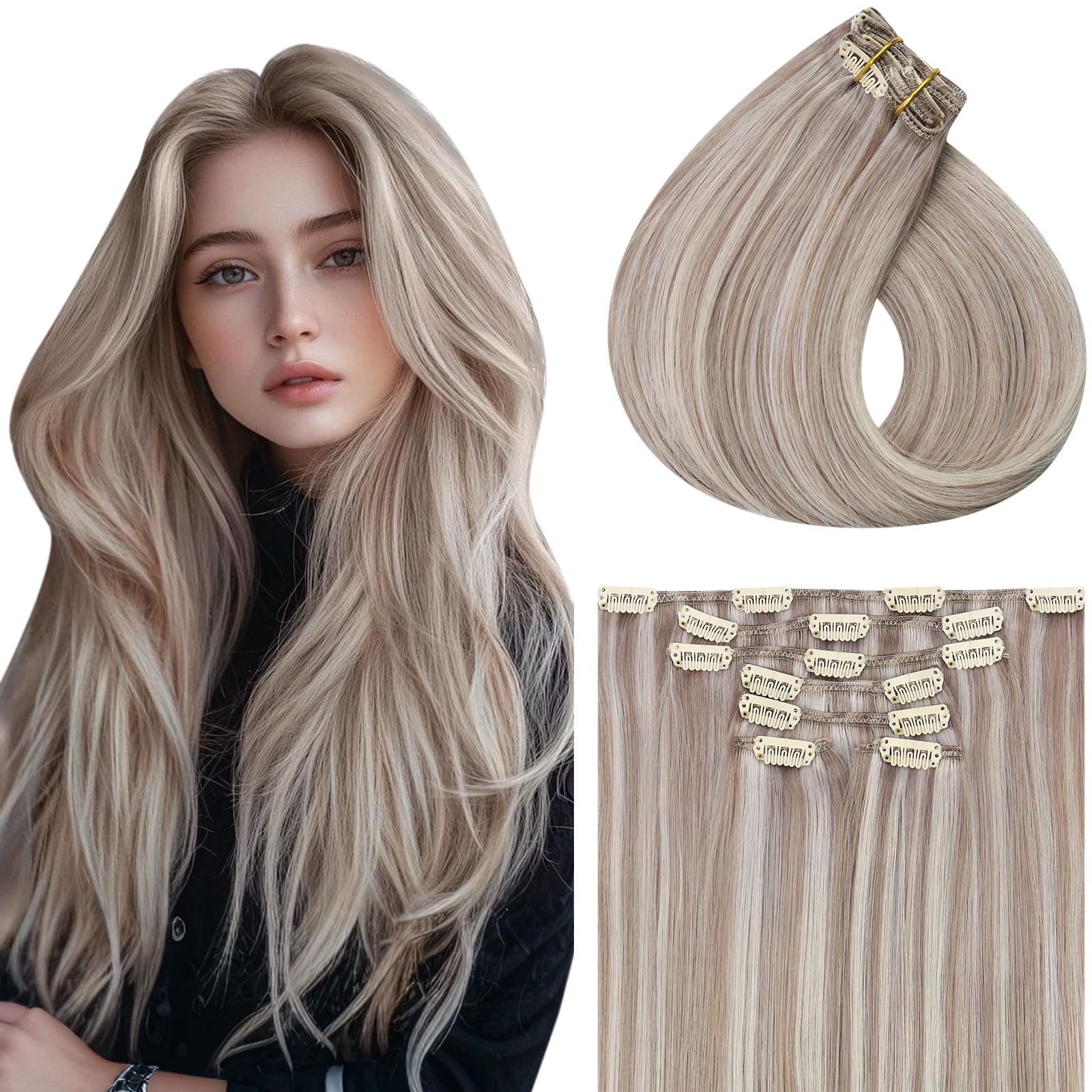 Vivien 22inch Clip in Hair Extensions Real Human Hair Blonde Invisible Extensions Clip in Natural Ash Blonde Highlight Long for Women 120g 7pcs #19/60