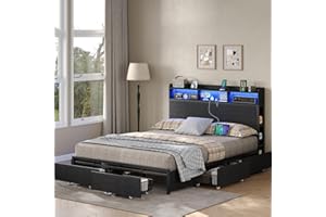 Queen Size Bed Frame with 6 Storage Drawers & Bookcase Headboard, Platform Bed with Built-in LED Light and Charging Station, 