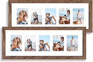 Hongkee 8x24 Picture Frame 2 Pack, Rustic Brown Wood Frame with Tempered Glass, Display Pictures Multiple Five 4x6 With Mat or 8 x 24 Without Mat - Horizontal or Vertical Wall Mounting