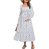 Maternity Dress for Baby Shower - 2025 Fall Spring Photoshoot Smocked Square Neck Pregnancy Wedding Guest Midi Dress