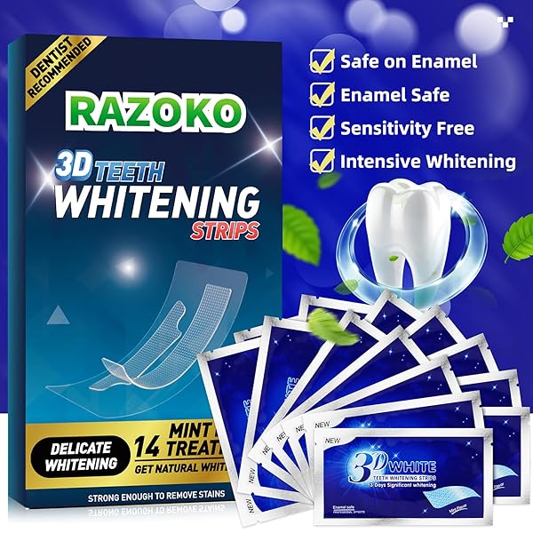 RAZOKO TEETH WHITENING STRIP, WHITENING STRIPS FOR SENSITIVE TEETH, PROFESSIONAL AND SAFE TEETH WHITENING KIT 28 STRIPS (14 COUNT PACK) COCONUT