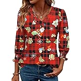 Rapbin 3/4 Length Sleeve Womens Tops Summer Trendy Puff-Sleeve V-Neck Blouses Dressy Casual Textured Smocked T-Shirt