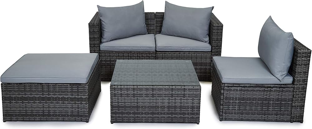 EVRE Malaga Outdoor Rattan Garden Furniture Set Grey with Glass Coffee Table