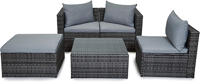 EVRE Malaga Outdoor Rattan Garden Furniture Set Grey with Glass Coffee Table