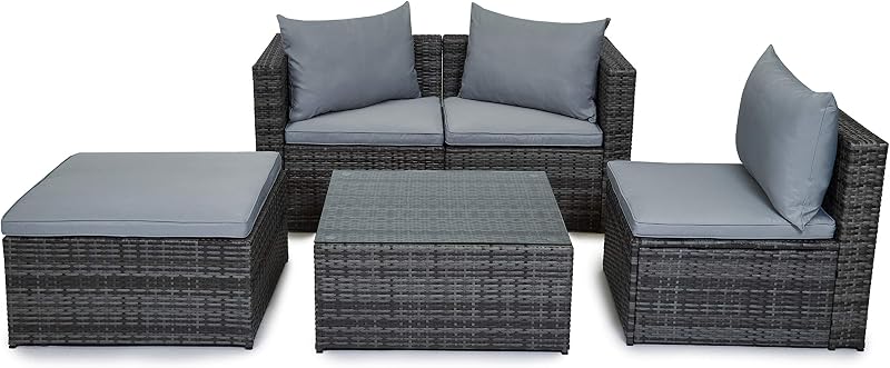 EVRE Malaga Outdoor Rattan Garden Furniture Set Grey with Glass Coffee Table
