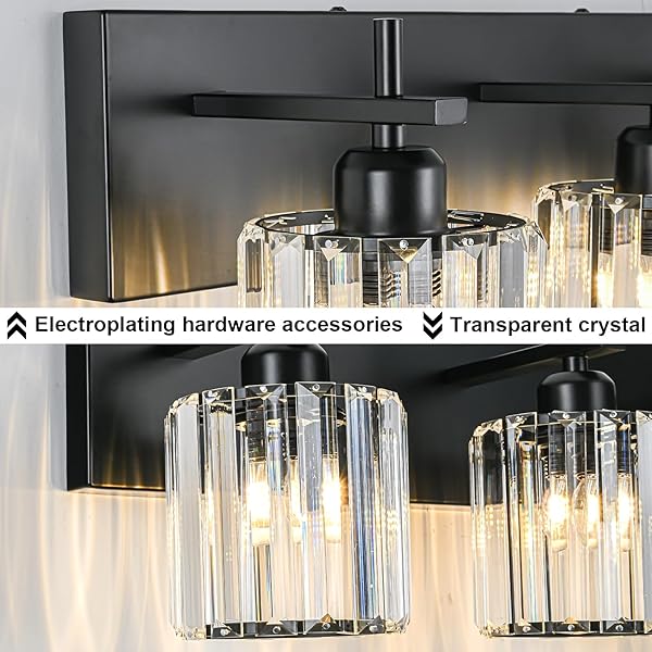 HUOKU BLACK CRYSTAL BATHROOM VANITY LIGHTS, MODERN 2-LIGHTS BATHROOM LIGHTING FIXTURES OVER MIRROR, CRYSTAL WALL LIGHTING WITH ROUND SHADE