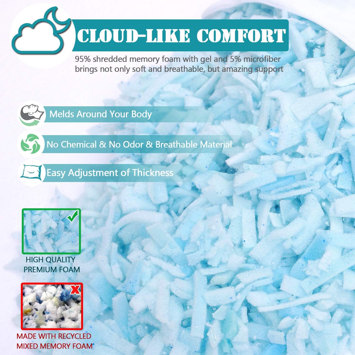 Shredded Memory Foam Pillows for Sleeping Cooling with Adjustable Loft Sleeping Bed Pillow for Side and Back Sleeper Hypoallergenic Pillow with Washable Pillow Cover (1Pack - Image 5