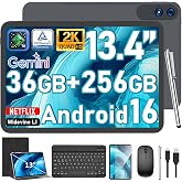 13 Inch Tablet with Keyboard - Android 16 Tablet - 36GB+256GB+2TB (Black) | 2K 1920x1200 IPS, T615 Octa-Core, Gemini AI, 10000mAh, Wi-Fi, GPS, Large Tablet PC with Case, Mouse, Stylus for Home &amp; Work