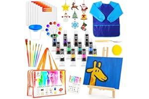 POPYOLA Acrylic Paint Set for Kids, Non Toxic Kids Painting Set with Tabletop Easel, Acrylic Paints, Smock, Canvases, Wooden Stencils, Brushes, Painting Kit Gift for Beginner Student Toddlers