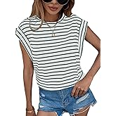 Floerns Women's Casual Stripe Print Cap Sleeve T Shirts Round Neck Tee