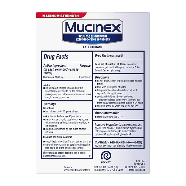 MUCINEX 12 HOUR MAXIMUM STRENGTH 1200 MG GUAIFENESIN EXTENDED-RELEASE TABLETS FOR EXCESS MUCUS RELIEF, EXPECTORANT AIDS EXCESS MUCUS REMOVAL, CHEST CONGESTION RELIEF FOR ADULTS, 48 TABLETS