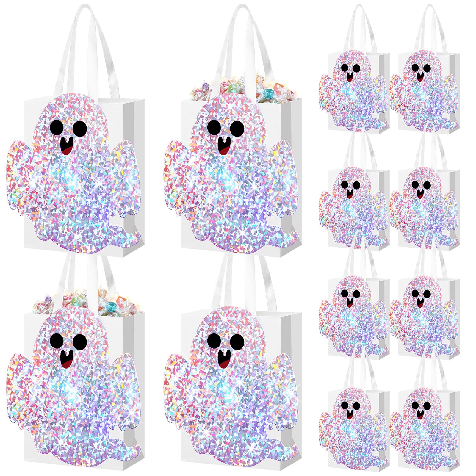 Photo 1 of Yexiya 16 Pcs Iridescent Halloween Ghost Paper Gift Bags Party Favor Bags with Handle Holographic Candy Goodie for Halloween Birthday Holiday Party Supplies(Shiny Style)