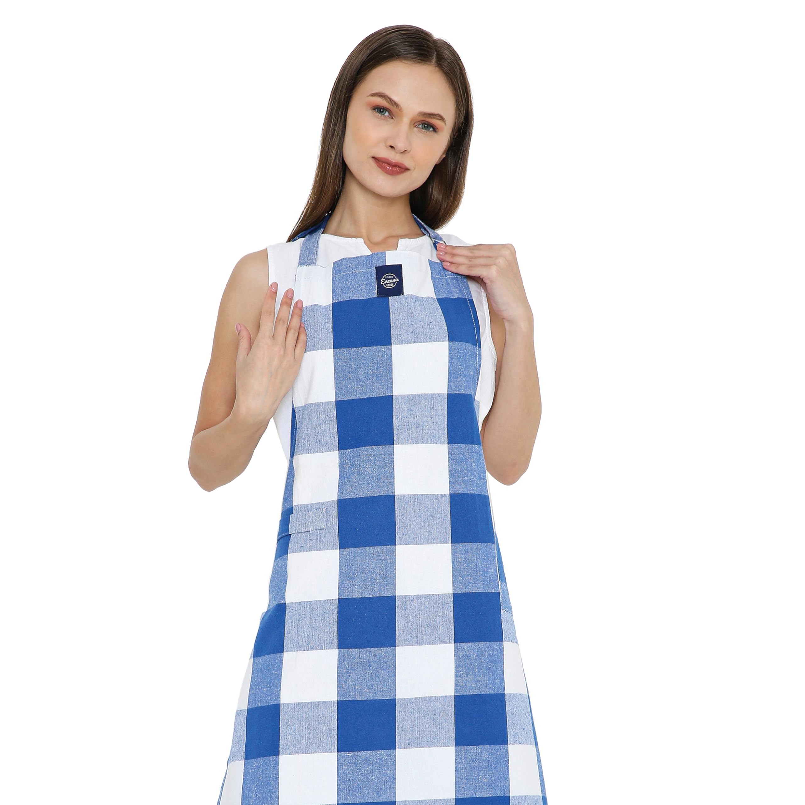 Encasa XO Adjustable Kitchen Cotton Apron With Pockets & Towel Holder Of Size 68x85 cm (Buffalo Blue Checks) for Men & Women Chefs For Cooking & Baking in Home, Restaurants & Barbeque