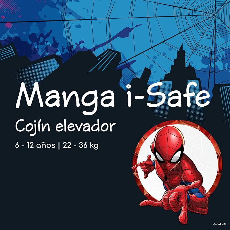 Marvel Manga i-Safe, Assento Elevador de Carro, Cadeirinha Marvel Legends Spiderman, 6-12 anos, 128–150 cm, 22-36 kg, Leve, Instalação Fácil com Cinto, Almofadado, Homem-Aranha Autêntico
