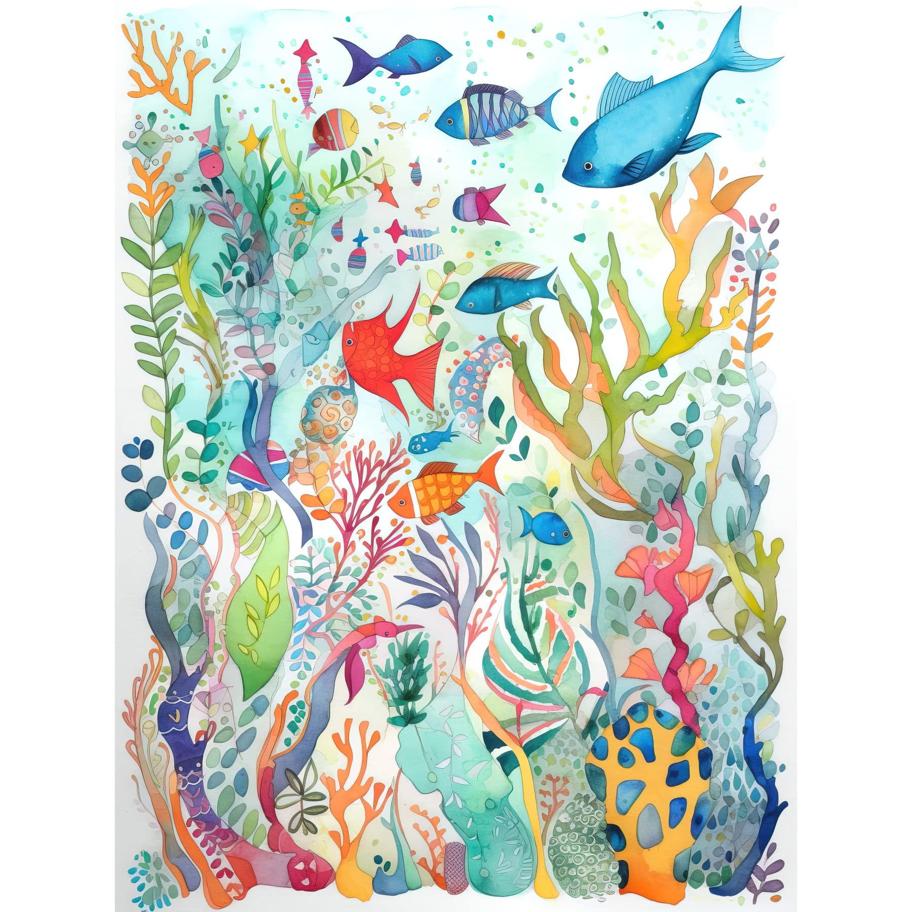 Artery8 Aquatic Scene Marine Life Folk Art Watercolour Painting Unframed Wall Art Print Poster Home Decor Premium