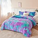 PERFEMET Fuzzy Girls Twin Comforter Set 3 Pieces Colorful Purple and Teal Faux Fur Fluffy Bedding for Kids Teens Ultra Soft Warm Tie Dye Velvet Plush Shaggy Bed Comforter Sets(Purple Teal, Twin)