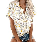 Rapbin Women's Button Down Shirt Short Sleeve Casual Blouse Shirts V Neck Collared Tops