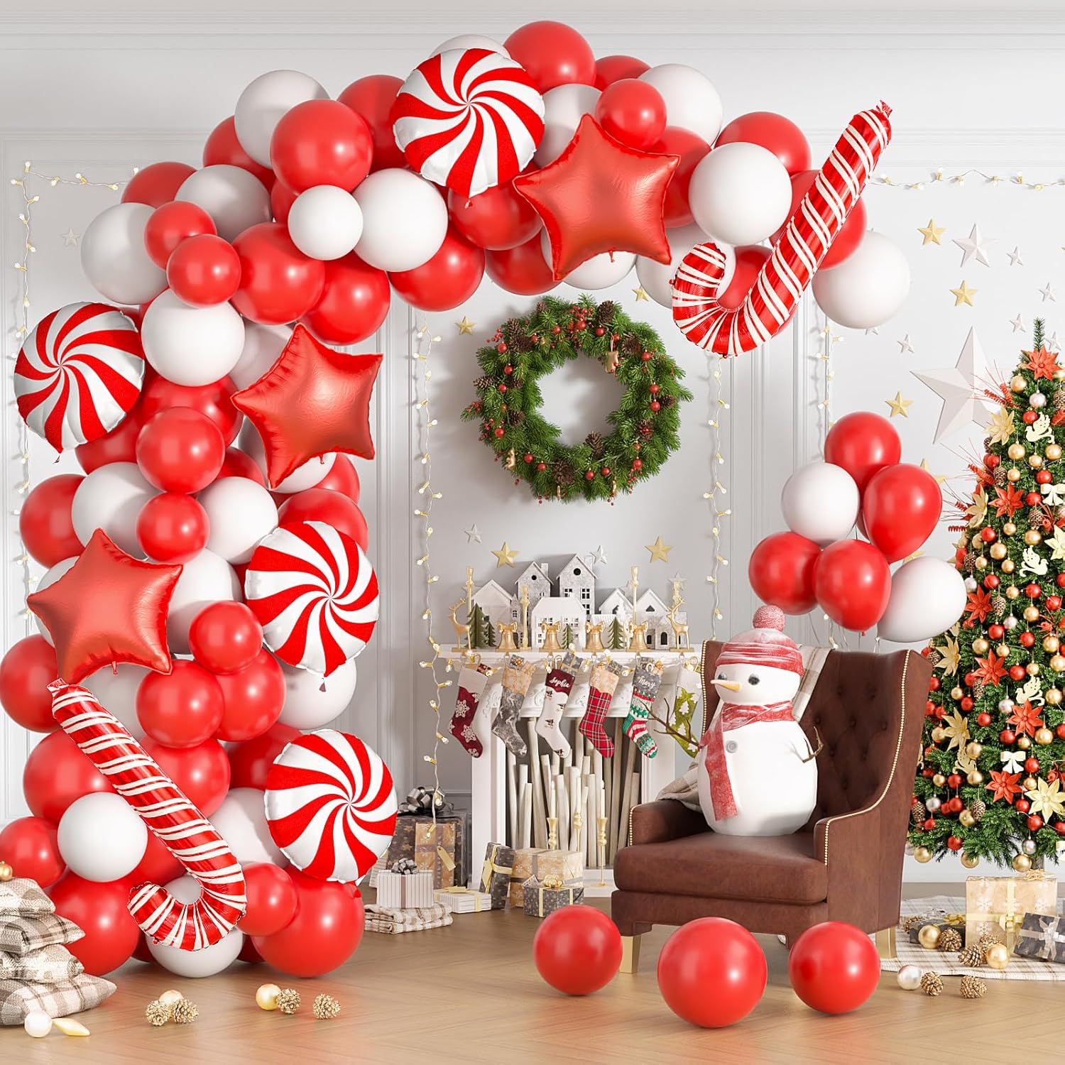 Wreaths, Garlands & Swags - Christmas Candy Balloons Garland Arch Kit - 113PCS 32IN 18IN 12IN Red White Candy Foil Balloons and Red White Canes Foil Balloons for Christmas Birthday and Candies Theme Party Decorations