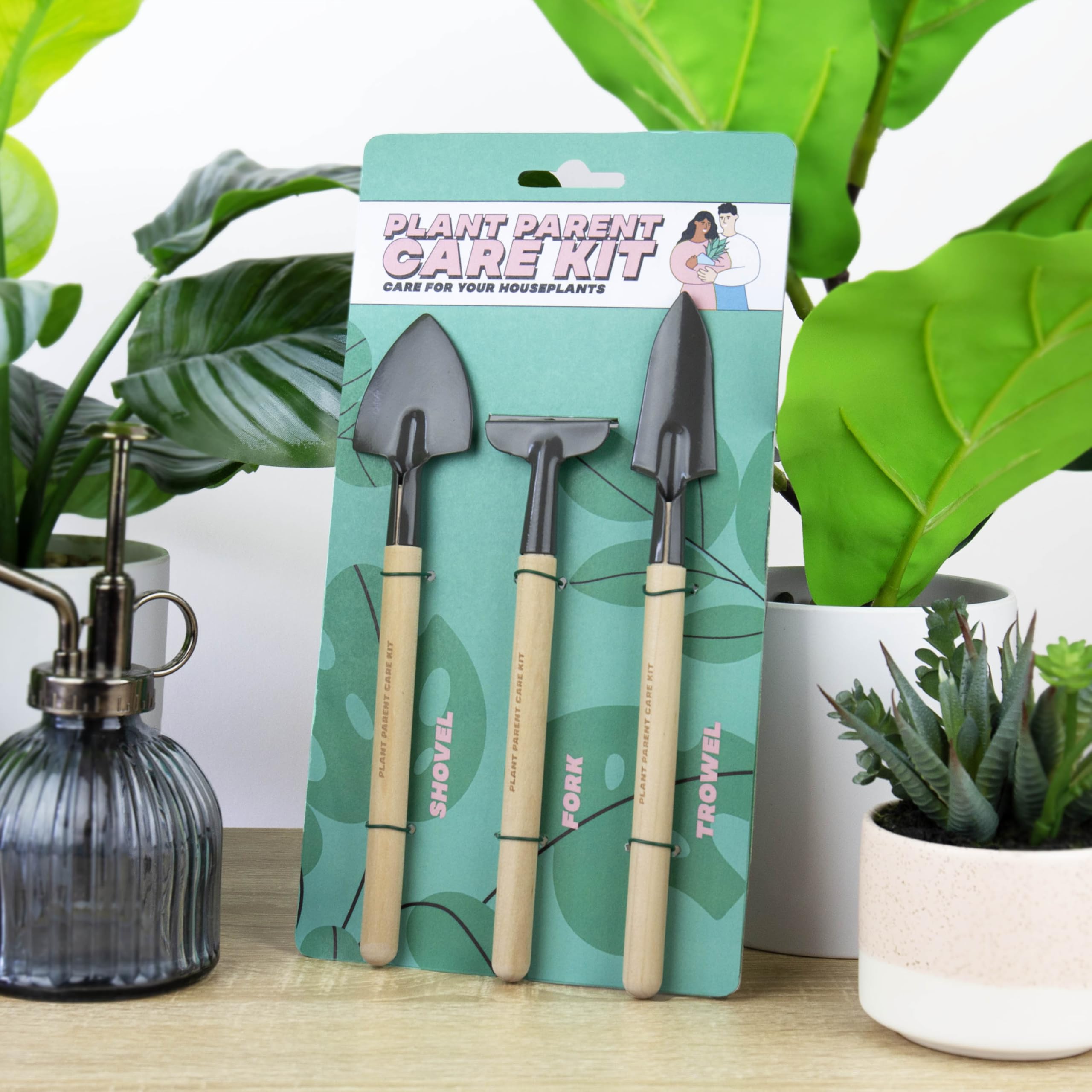 Gift Republic Plant Parent Care Kit Miniature Shovel, Fork & Trowel Set for Houseplants Indoor Garden Tools for Beginners & Experts Gardening Gift, Green