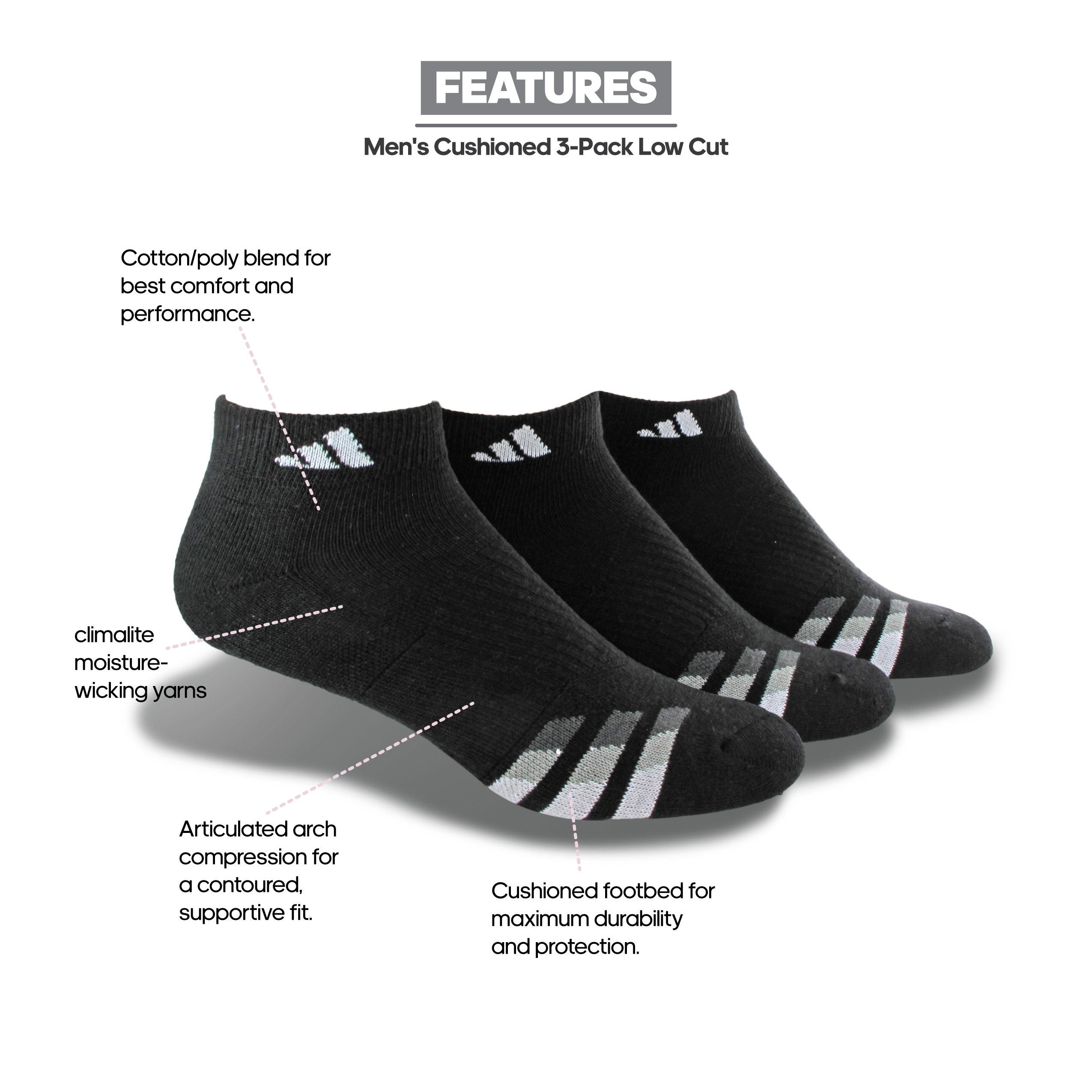 adidas Men's Cushioned Low Cut Socks (3Pack) ExerciseN