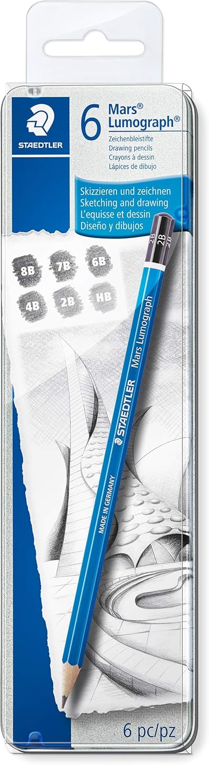 Staedtler Lumograph Graphite Drawing and Sketching Pencils 100G6, Set of 6 Degrees in an Attractive Storage Tin (100G6) : Wood Lead Pencils : Office Products
