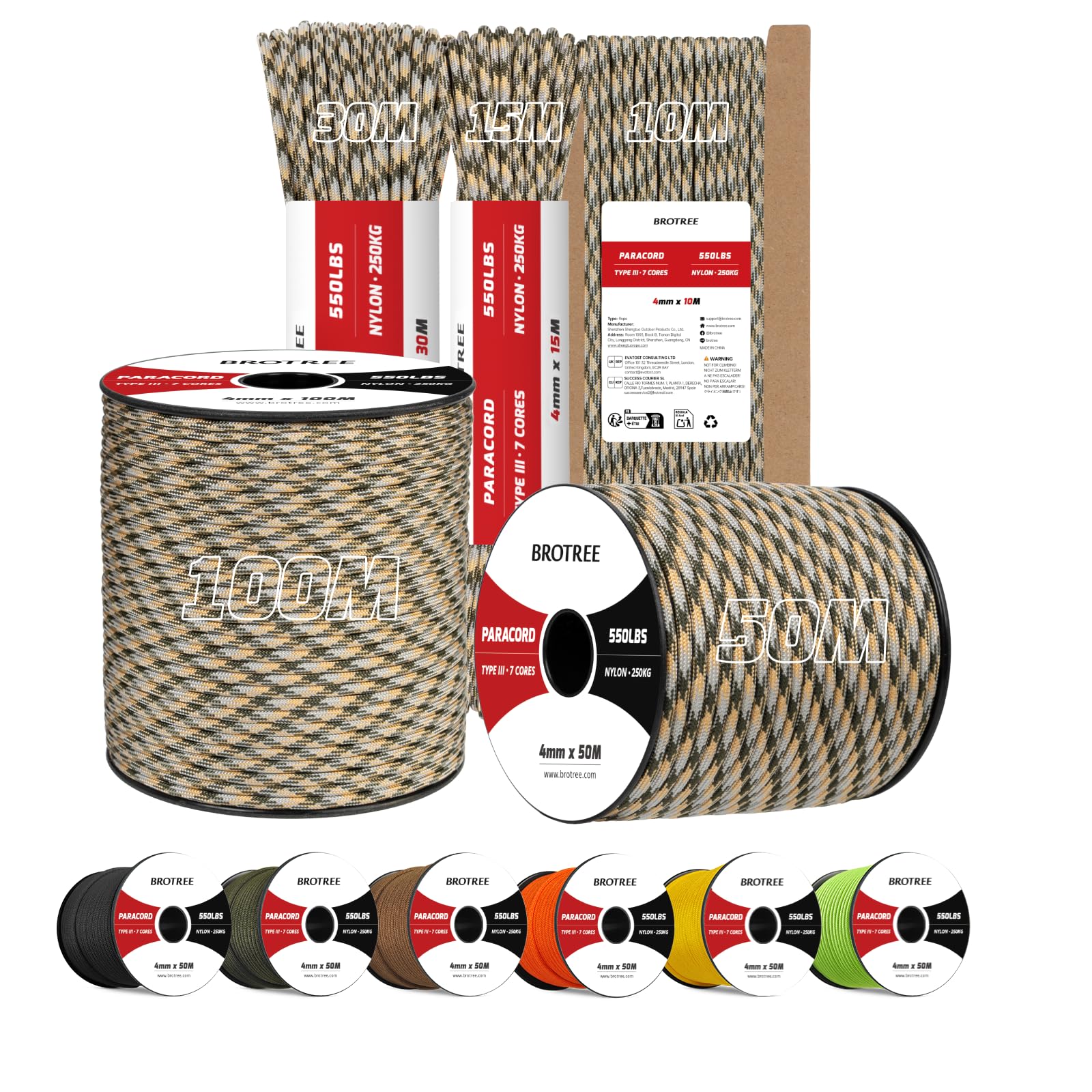 Brotree 4mm Paracord 550 30M 100% Nylon Rope 7 Strands Type III Parachute Cord for Outdoor and DIY - 250kg Breaking Load (ACU (Army Combat Uniform))