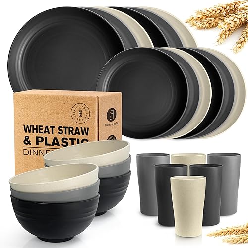Teivio 24-Piece Kitchen Wheat Straw Dinnerware Set, Service for