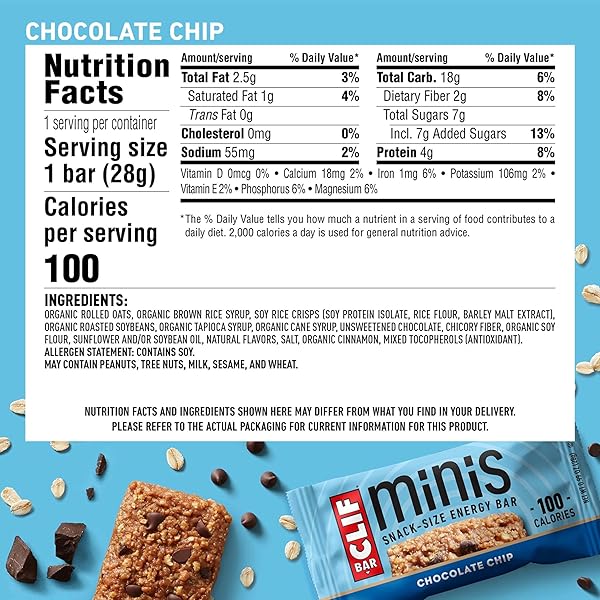 CLIF BAR MINIS – CHOCOLATE CHIP – MADE WITH ORGANIC OATS – 4G PROTEIN – NON-GMO – PLANT BASED – SNACK-SIZE ENERGY BARS – 0.99 OZ. (20 PACK)