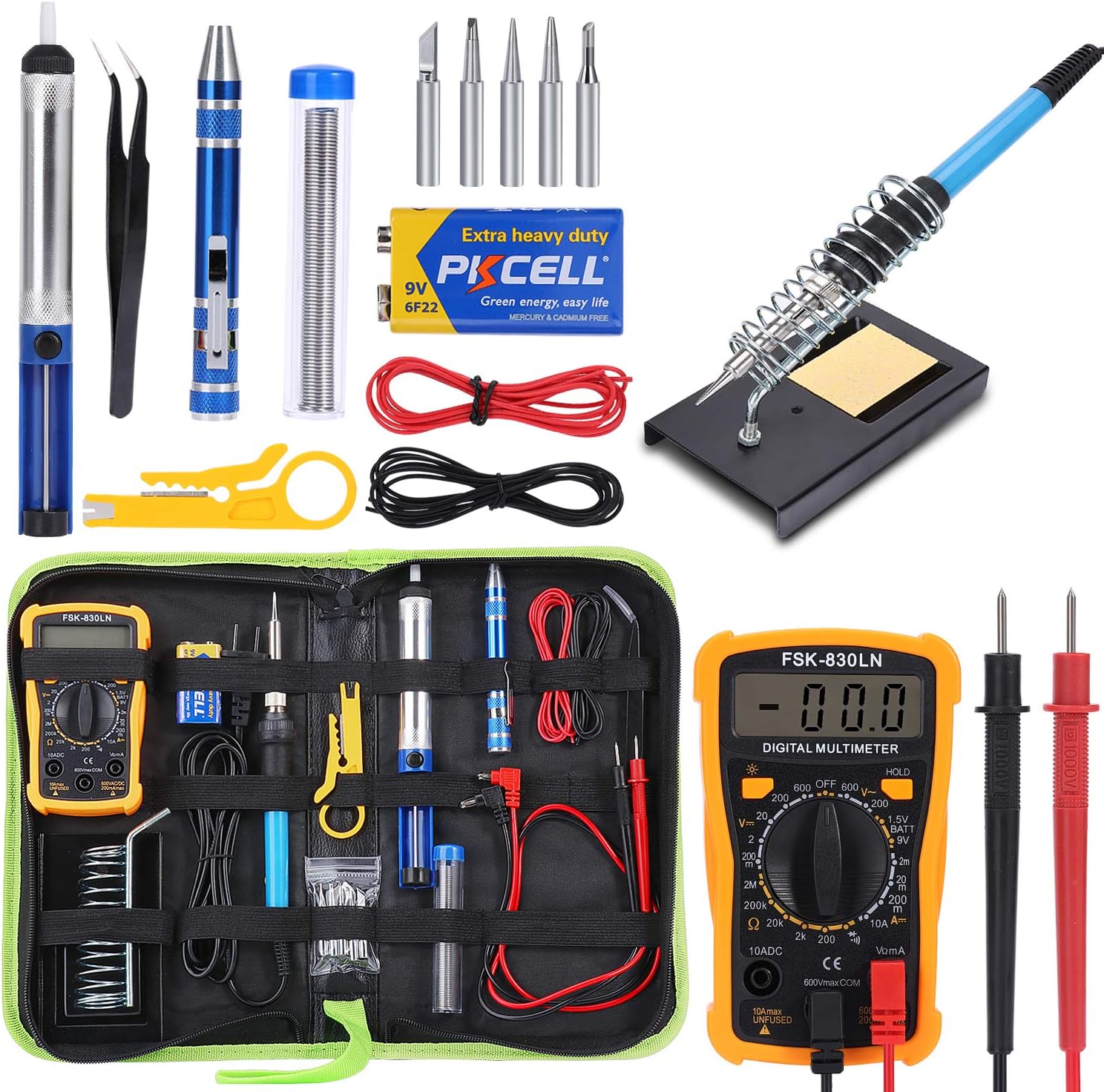 Soldering Iron Kit Electronics, 60w Adjustable Temperature Soldering Iron, Digital Multimeter, 2pcs Soldering Iron Tips, Desoldering Pump, Wire Stripper Cutter, Tweezers, Soldering Iron Stand