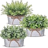 Suncalla 3 Pack Spring Mini Potted Artificial Eucalyptus Fake Plants Farmhouse Galvanized Metal Pots Plastic Eucalyptus and Rosemary Topiaries Plants for Summer Home Office Shelf Desk Table Decor