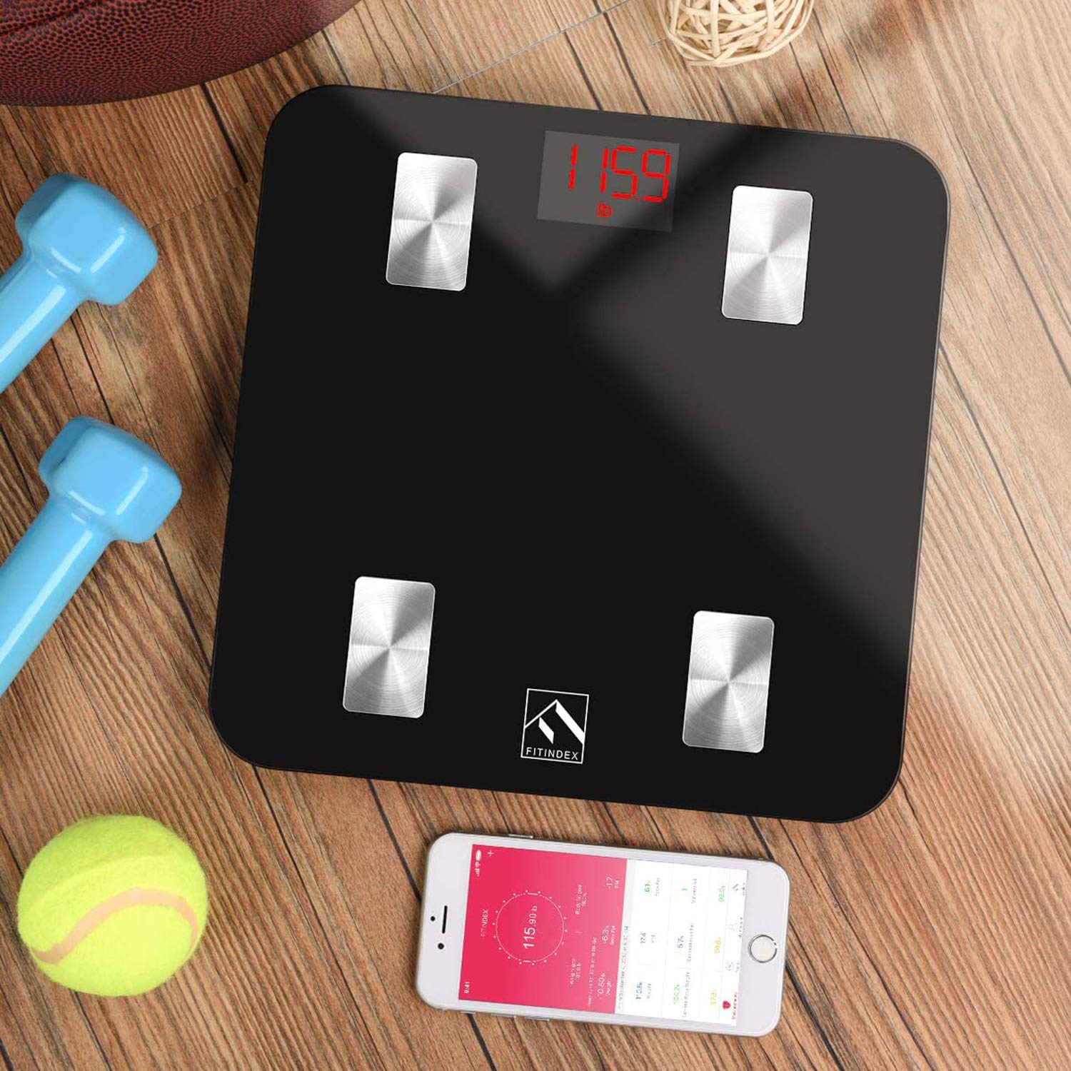 FITINDEX Scale with BMI, Body Fat, Muscle Mass, Smart Scale for Body Weight, Bluetooth, Digital, Sync with App, User Health Equipment