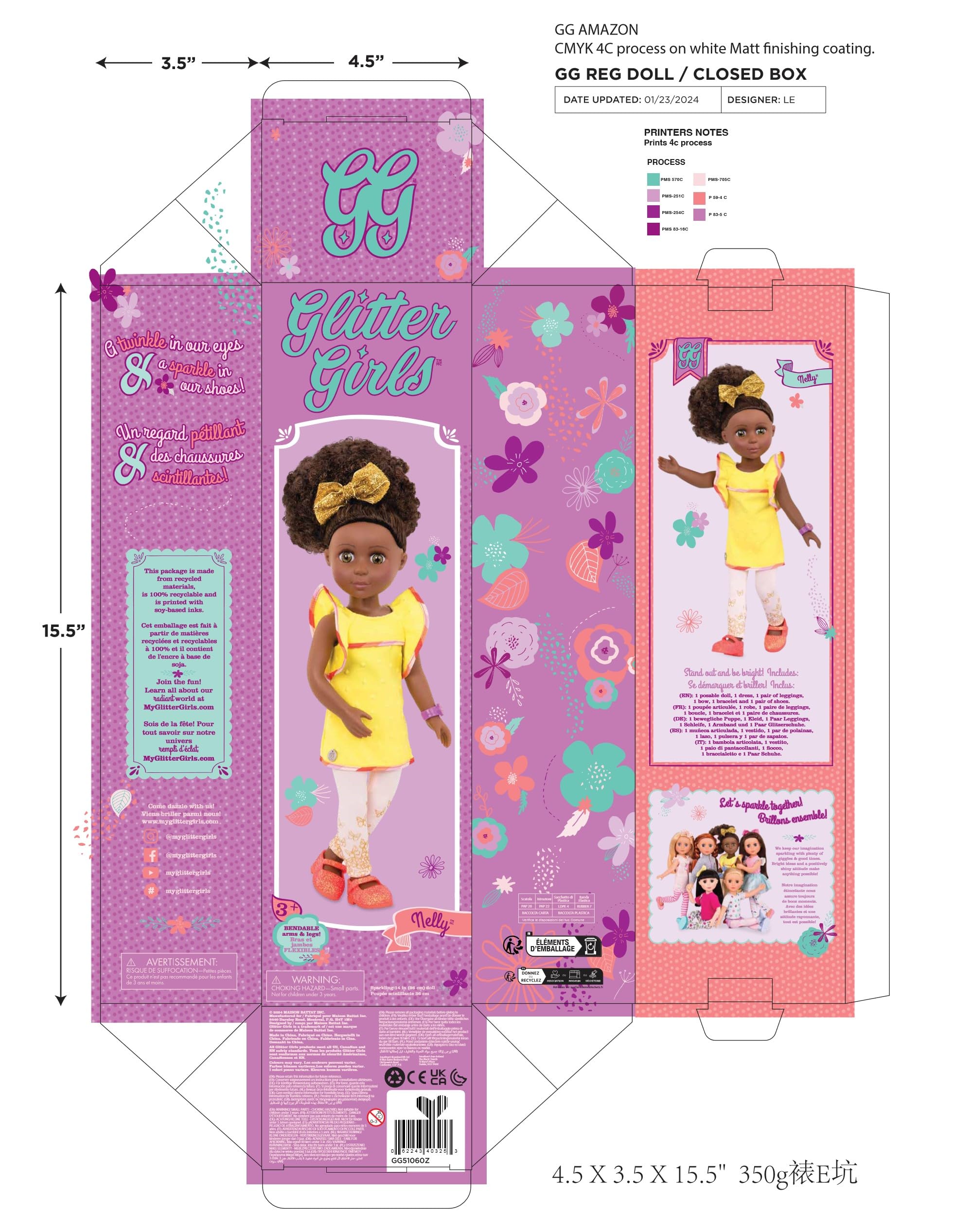 Glitter Girls 14-Inch Fashion Doll – Brown Hair & Hazel Eyes – Medium – Dark Skin Tone – Gold Ruffle Dress & Pink Glitter Shoes – 3+ Years– Nelly