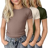 YooAurvox 3 Pack Teen Girls' Ribbed Short Sleeve Shirts Kids Crew Neck Soft Tees Summer Basic Casual Knit Tops 5-14 Years