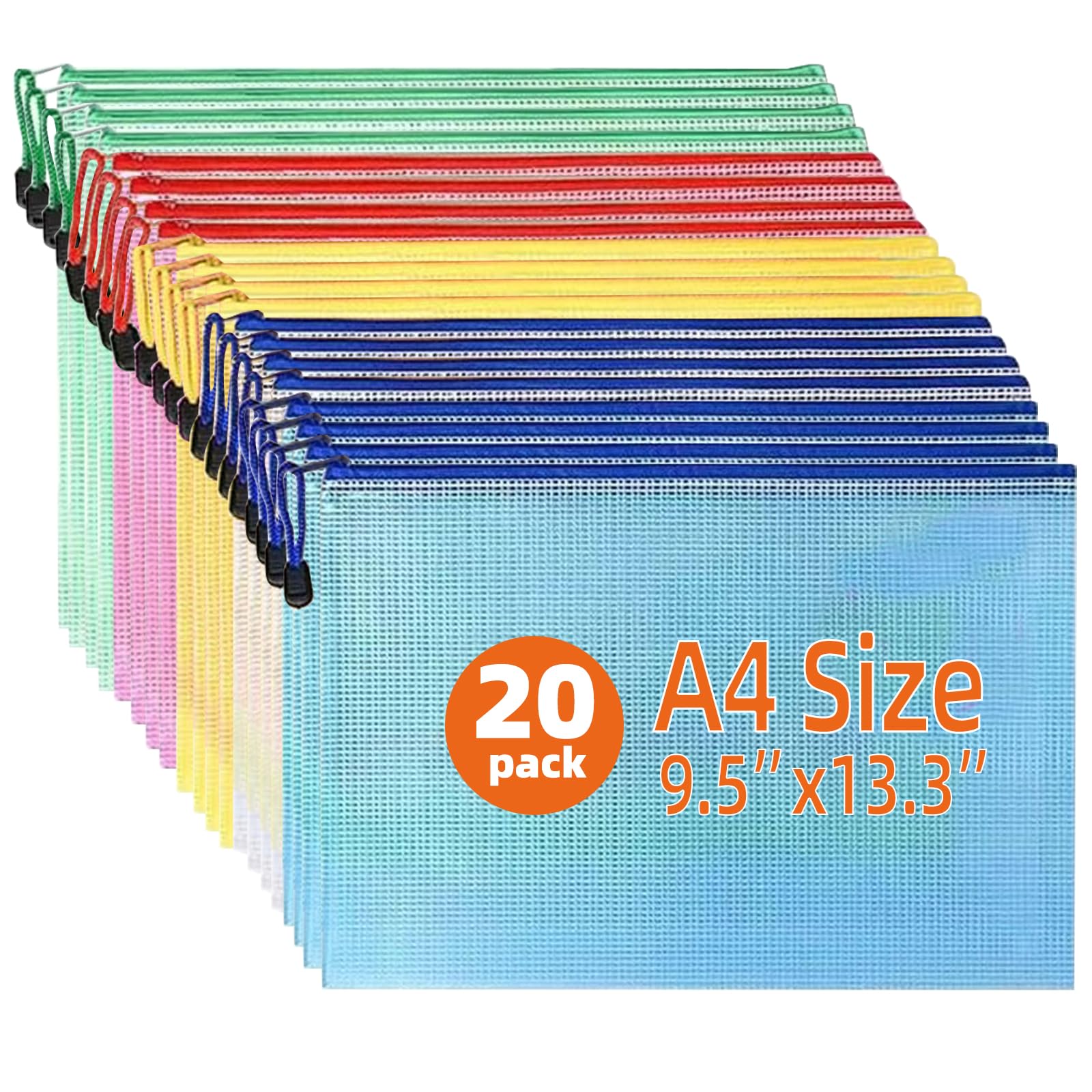 GoHoKi 20 Pack Zip Wallets: A4 Size Mesh Plastic Waterproof Zipped Lock Bags - 5 Color Easy Organization for School Office Home Travel
