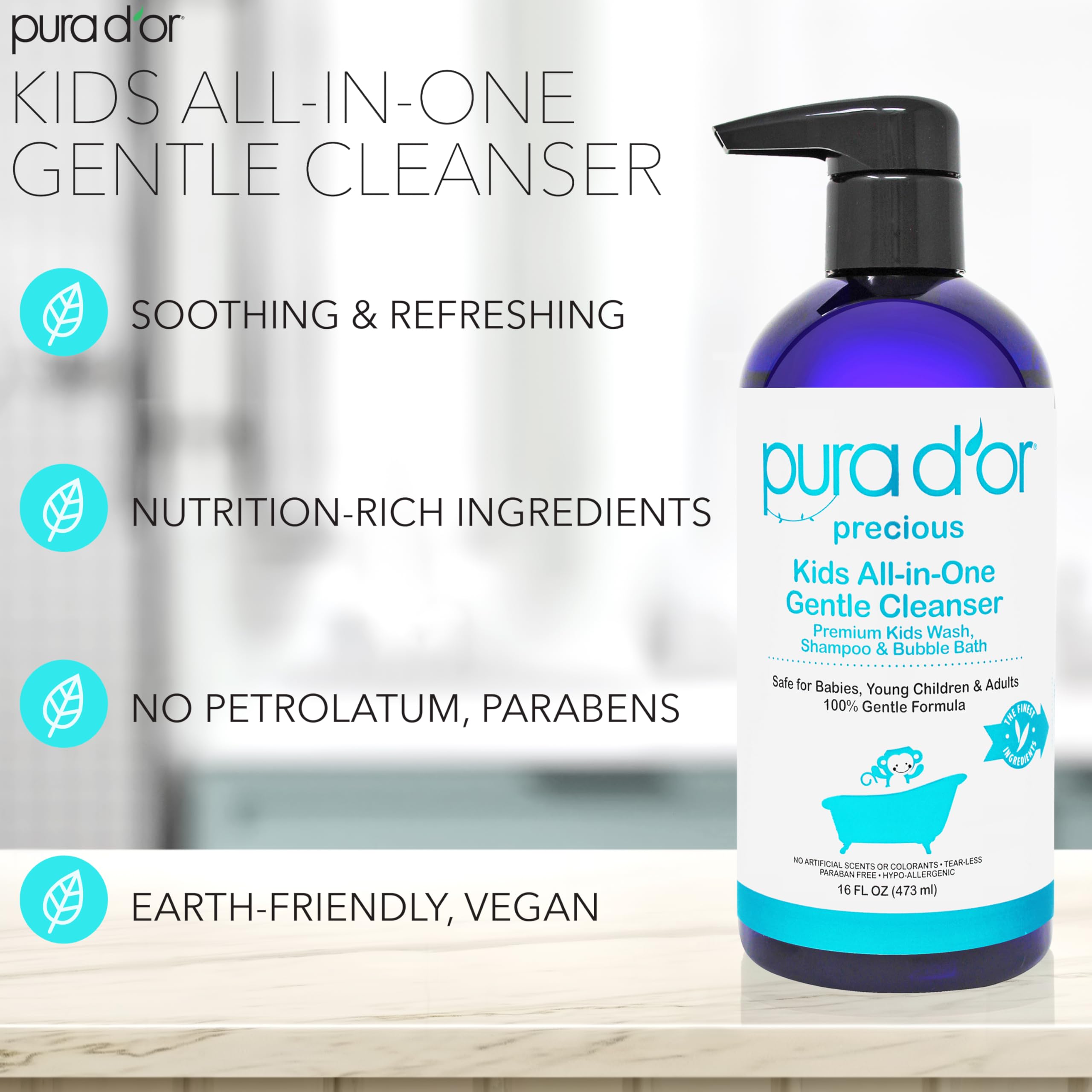 PURA D'OR 16 Oz Kids Wash - All-in-One Gentle Cleanser - USDA Biobased, Sulfate-Free, Tear-Less, Hypoallergenic, Premium, Shampoo & Bubble Bath