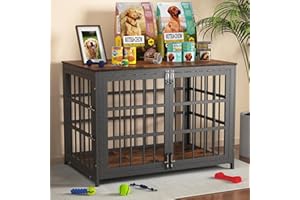 IRONOVACAGE Heave Duty Dog Crate Furniture, Various Sizes & Colors Optional, Indestructible Cage for High Anxiety Dogs with Wooden Table for Indoor Decorative, Escape-Proof Locks & Double Door for Large XL Dogs