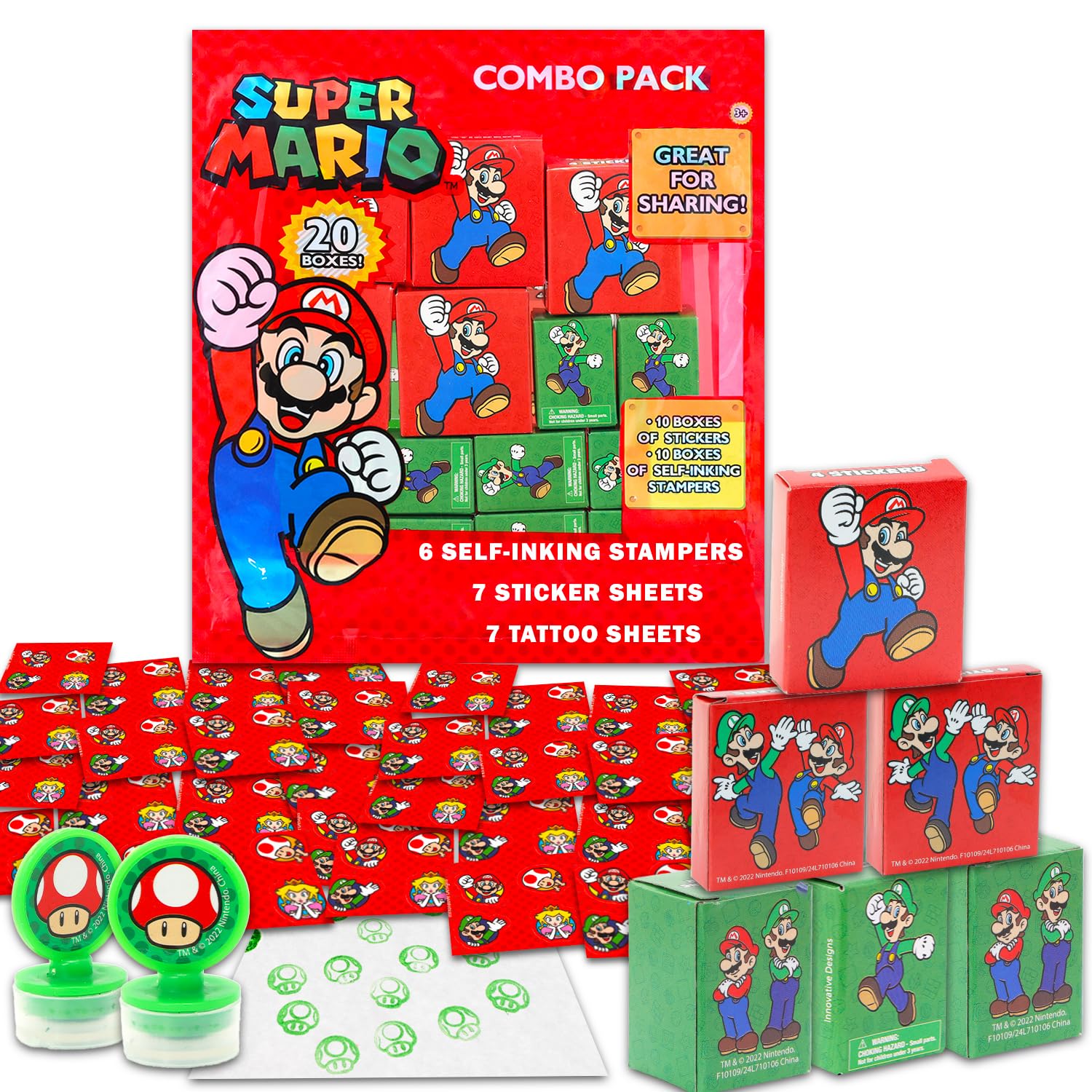 Photo 1 of Super Mario Party Favors for 20 Guests Bundle ~ 20 Pieces Mario Favor Boxes with Stickers and Stampers for Kids Birthday Party | Mario Party Supplies and Decorations