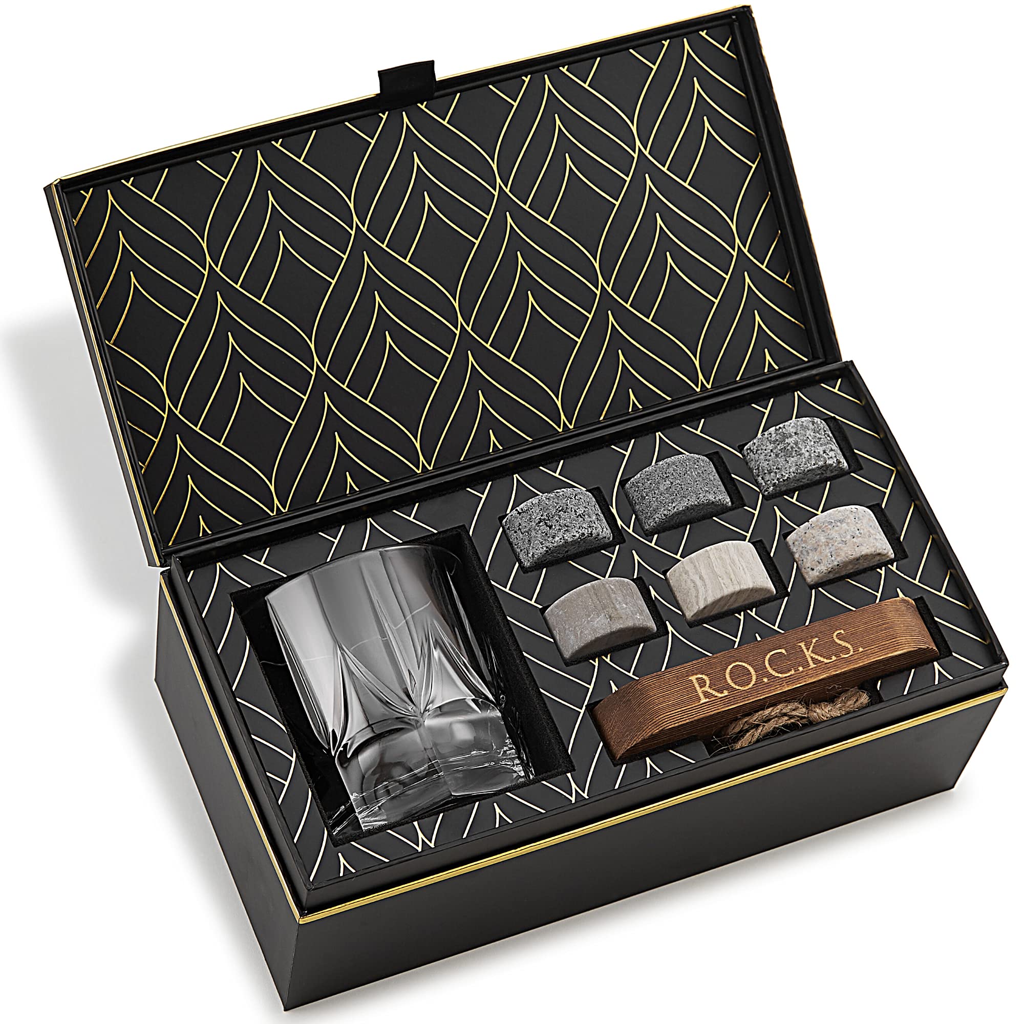 Whiskey Stones & World’s First Eco-Crystal Glass Gift Set - 6 Handcrafted Granite Round Sipping Rocks - European Crafted Imperial Whiskey Tumbler (355ml) - Hardwood Presentation Tray - Gold Foil Box