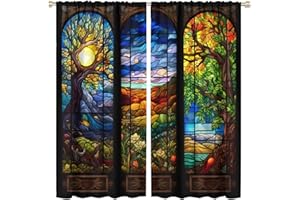ESPROUTTY Colorful Stained Glass Curtains, Vintage Stained Glass Curtains, Mosaic Art Beautiful Nature Scenery Stained Glass Art Window Treatment for Living Room Bedroom Kitchen 21"W x 45"L x2【Decor】