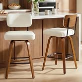 Swivel Bar Stools Set of 2, 26" Counter Height with Wooden Back, Ivory | Upholstered Bar Stools with Bent Wooden Legs, Faux Leather Modern Barstools for Kitchen Island,Dark Walnut Frame
