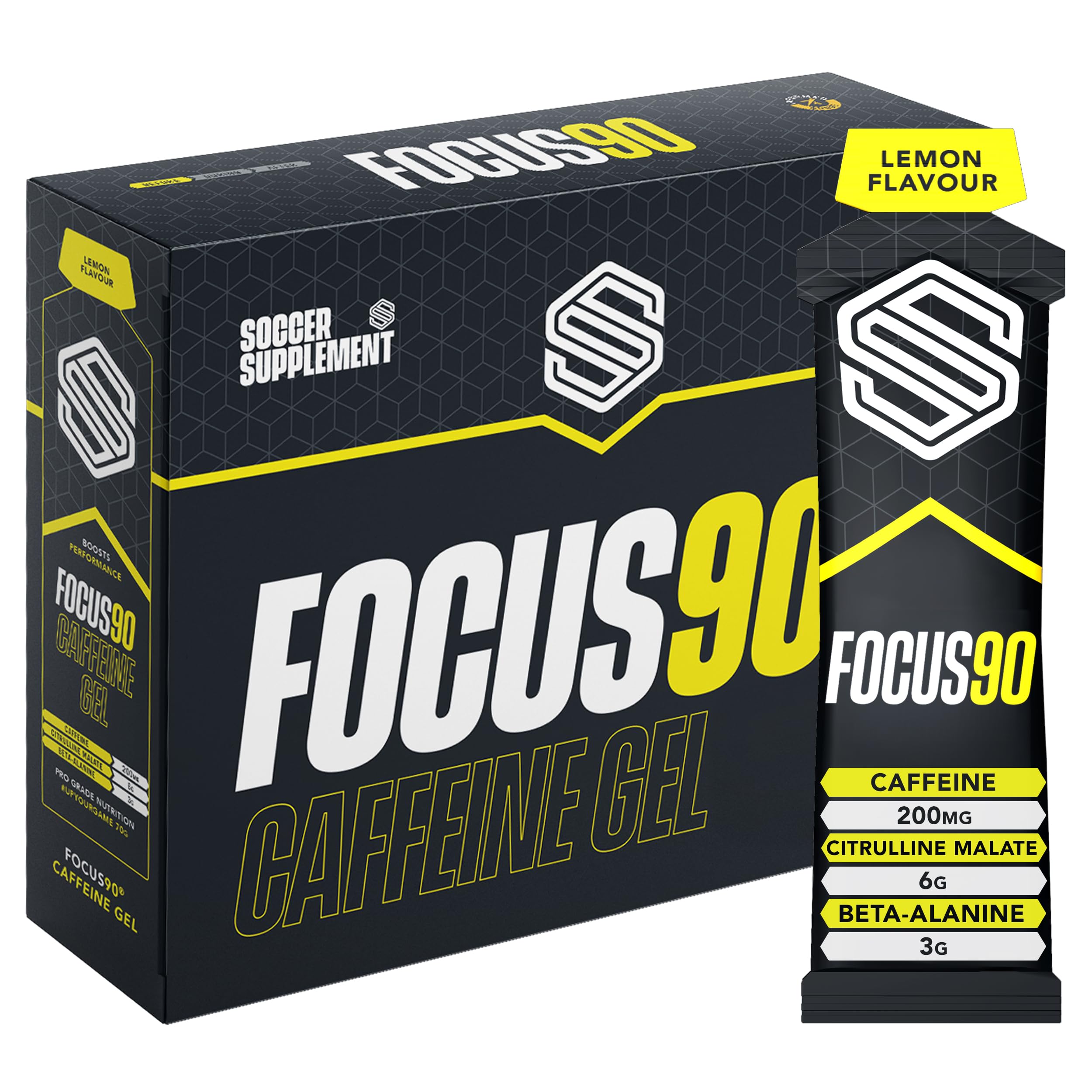 Soccer Supplement Focus90 Caffeine Energy Gels (12 Pack) with 200mg Caffeine, Quick Release Pre Workout Gel with Beta Alanine, Lemon & Lime Flavour
